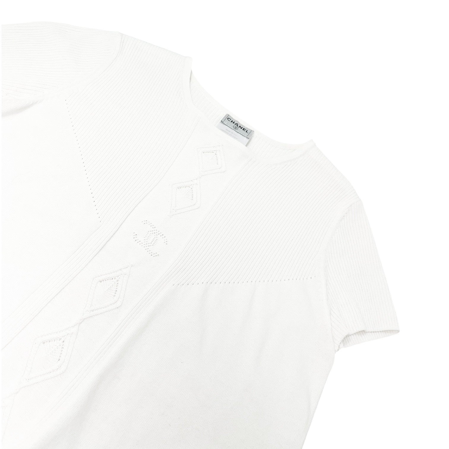 CHANEL Vintage 05P CC Mark Logo Rib Knit T-shirt Top #38 White Cotton