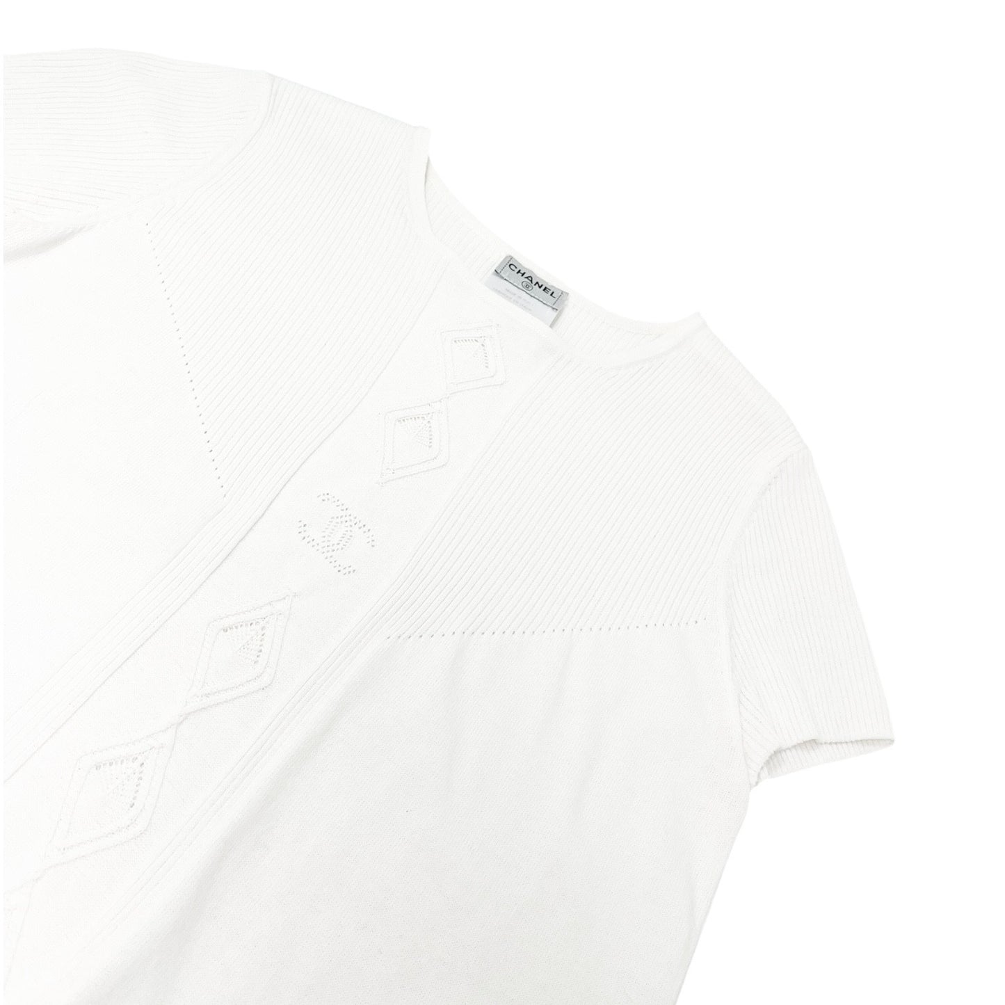 CHANEL Vintage 05P CC Mark Logo Rib Knit T-shirt Top #38 White Cotton