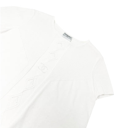 CHANEL Vintage 05P CC Mark Logo Rib Knit T-shirt Top #38 White Cotton