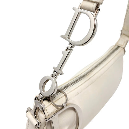Christian Dior Vintage Logo D Charm Shoulder Bag White Silver Leather 902377