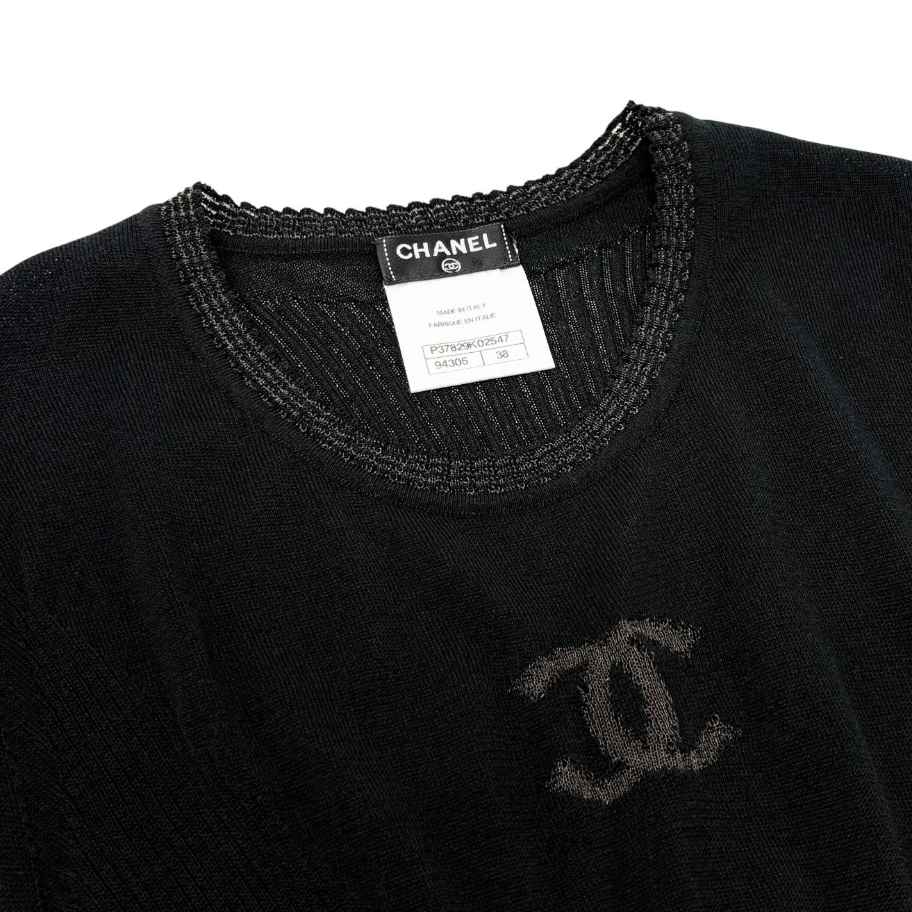 CHANEL Vintage P37829 CC Button Rib Knit Dress One-piece Black #38 Sheer 902018