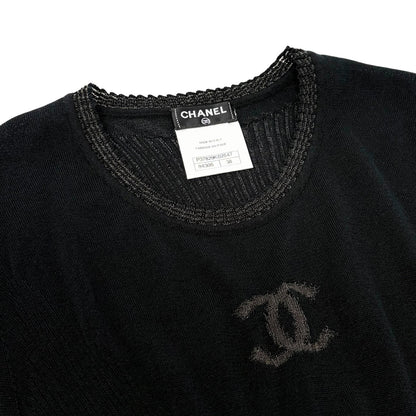 CHANEL Vintage P37829 CC Button Rib Knit Dress One-piece Black #38 Sheer 902018
