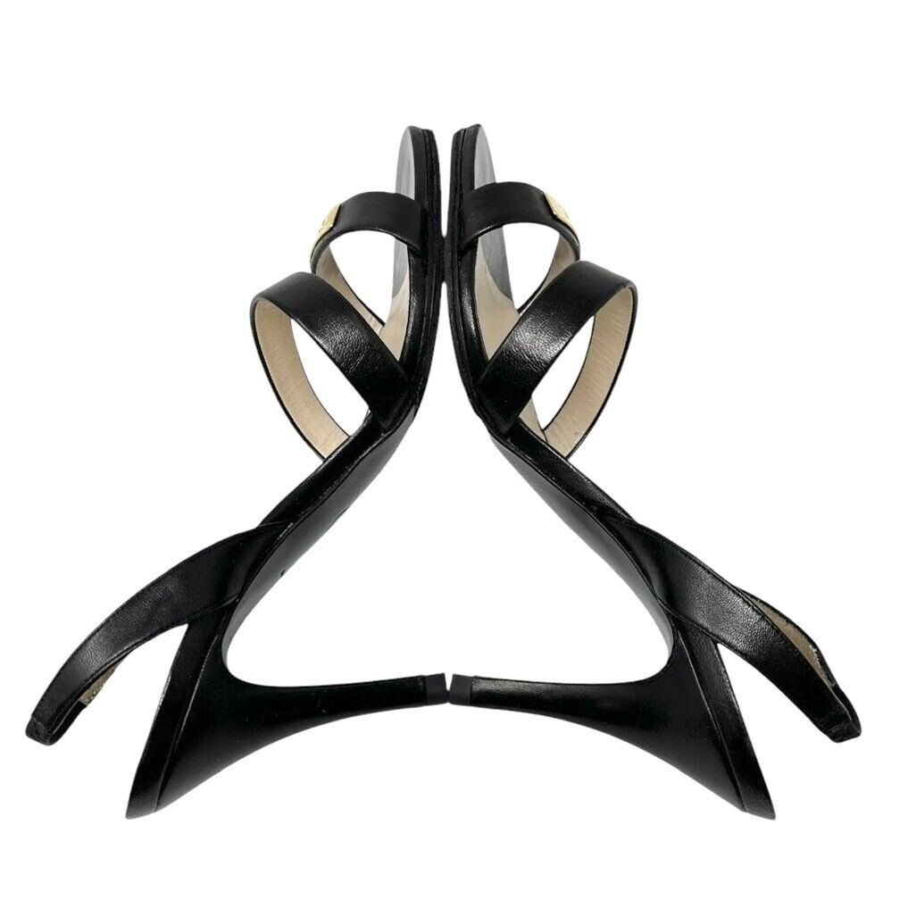 CHANEL Vintage 98P CC Logo Heels Mules Sandals #36.5-37 Black Gold Leather