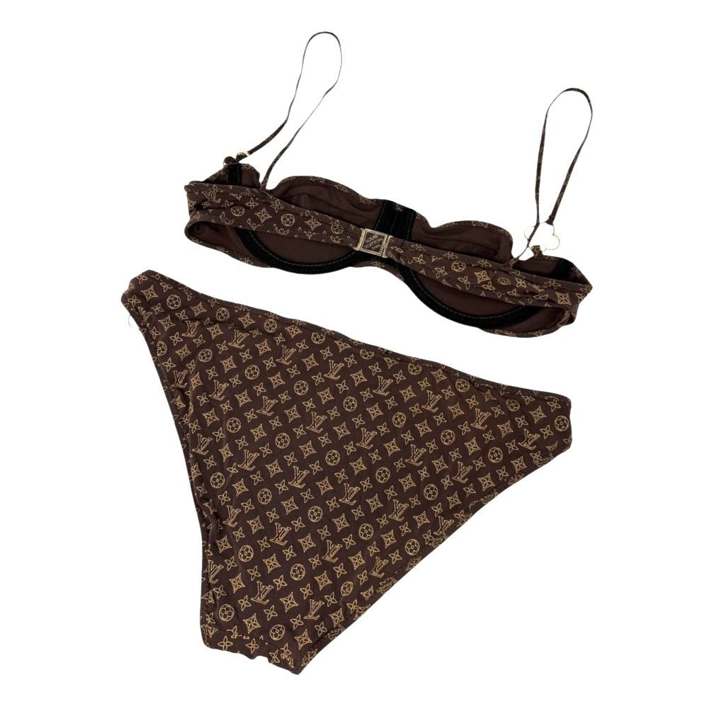 LOUIS VUITTON Vintage Monogram Bikini Swimwear #38 Brown Gold Polyamide