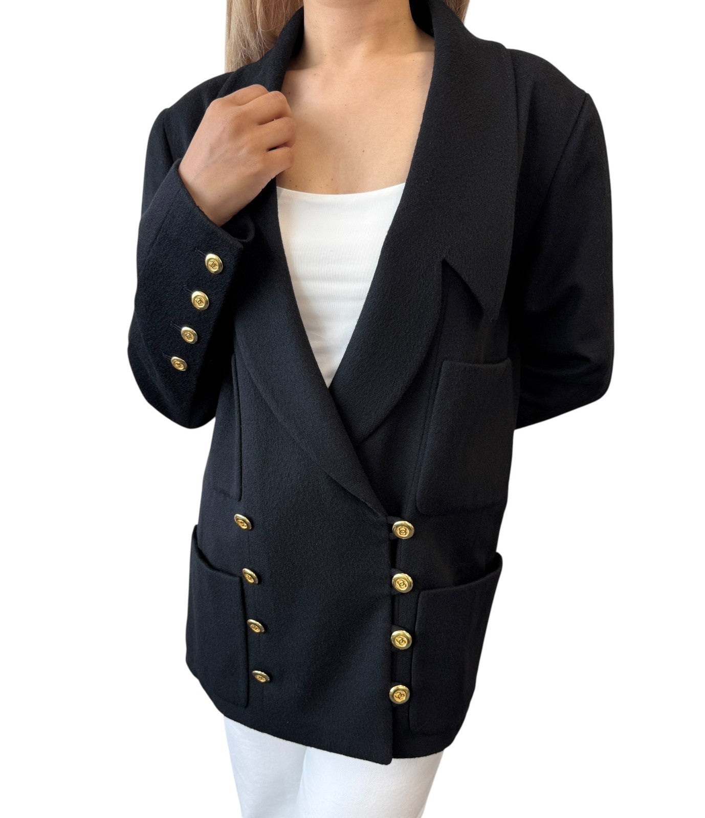 CHANEL Vintage CC Mark Logo Jacket #38 Button Pocket Black Gold Cashmere