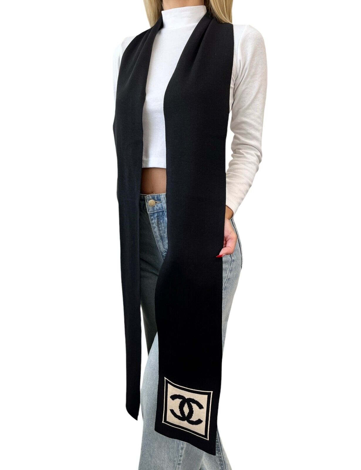 CHANEL Sport Vintage 03A CC Mark Logo Knit Scarf Shawl Black Beige Cotton