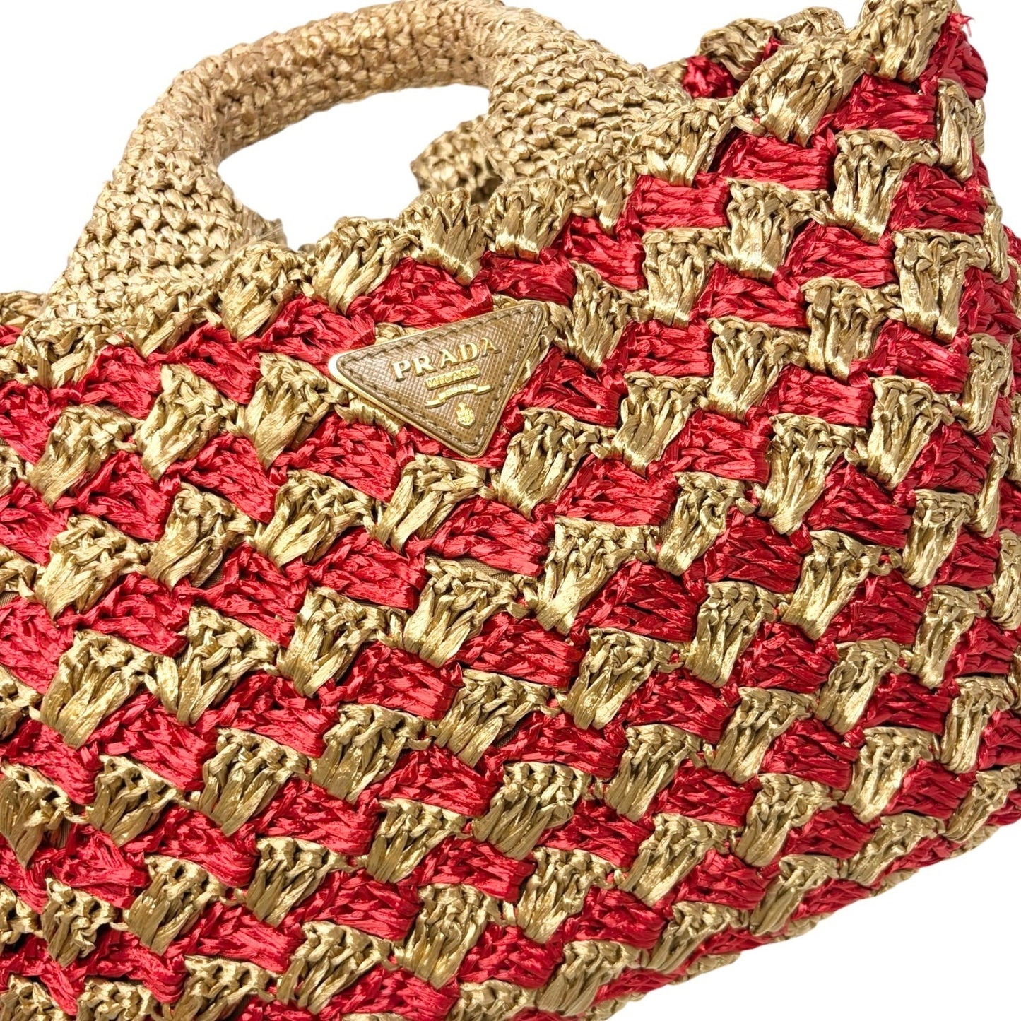 PRADA Vintage Triangle Logo Raffia Canapa Tote Bag Red Beige Gold Crochet 901970