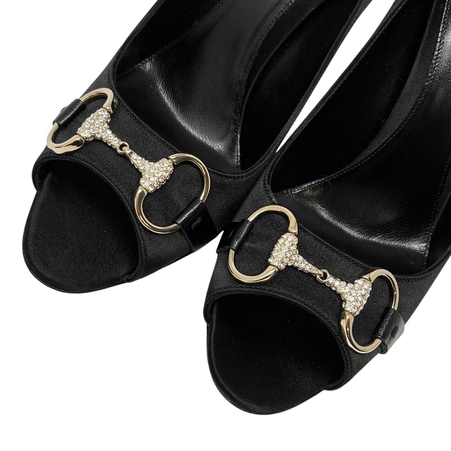 GUCCI Vintage Logo Horsebit Heels #38.5 US 8.5 Black Rhinestone Satin Rank AB+