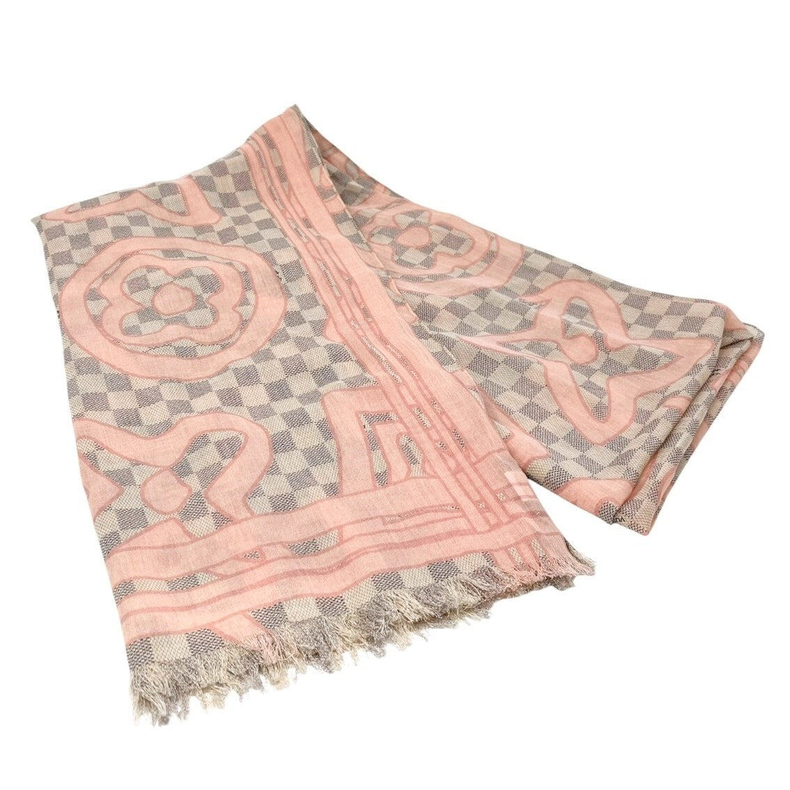 LOUIS VUITTON Vintage Damier Azur Tahitienne Logo Scarf Wrap Pink Gray Cotton