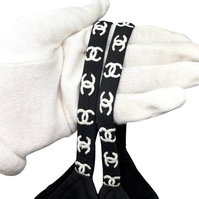 CHANEL Vintage 97P CC Mark Logo Swimwear Swimsuit #38 Black White Nylon