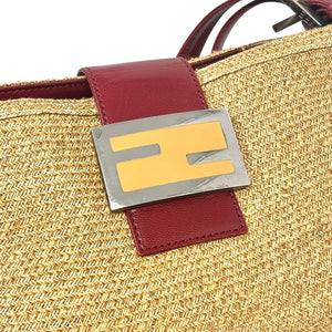 FENDI Vintage Logo Mamma Baguette Shoulder Bag Straw Raffia Red Leather
