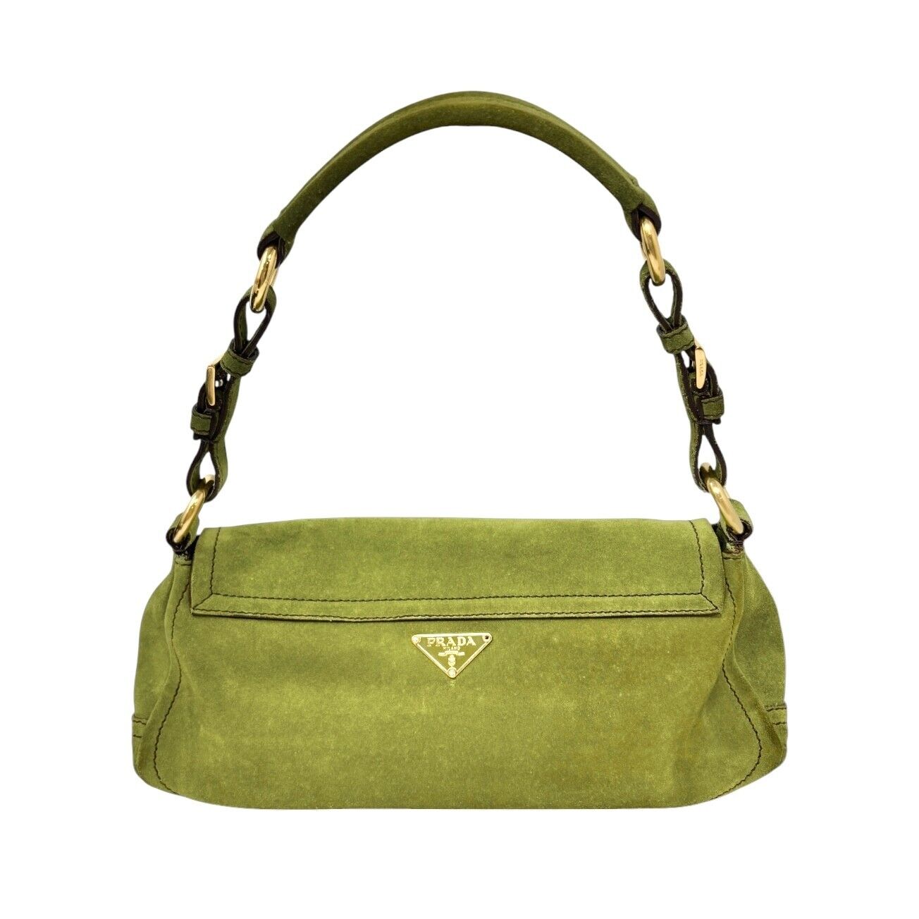 PRADA Vintage Logo Shoulder Bag Tote Handbag Suede Green Gold Luggage Tag