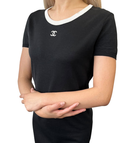 CHANEL Vintage 95C CC Logo Knit Mini Dress Short Sleeve #36 Black White 901285