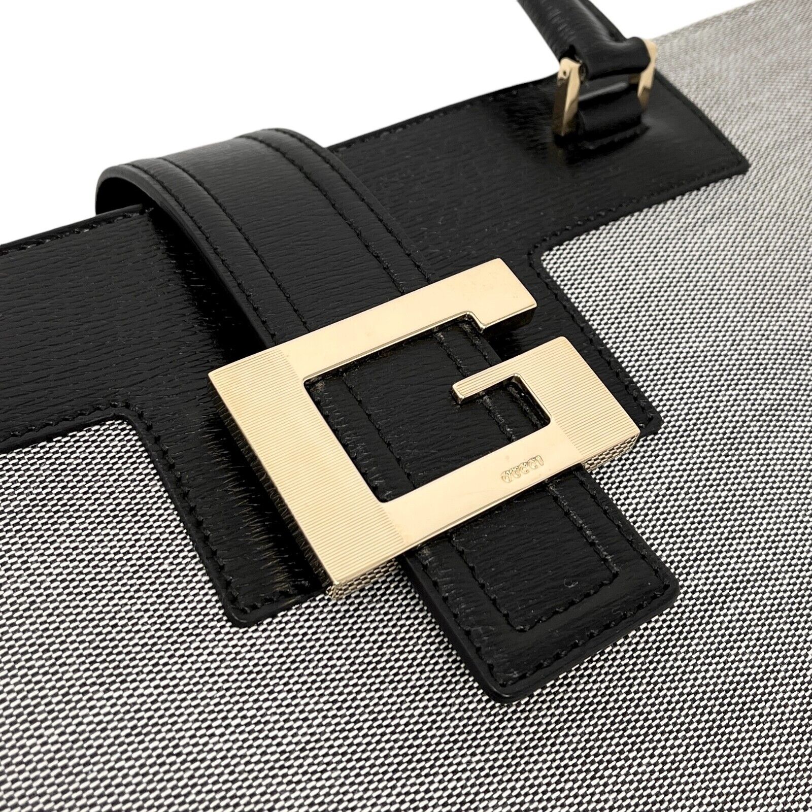 GUCCI Vintage G Square Logo Shoulder Bag Gray Black Cotton Leather Rank AB+