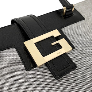 GUCCI Vintage G Square Logo Shoulder Bag Gray Black Cotton Leather Rank AB+