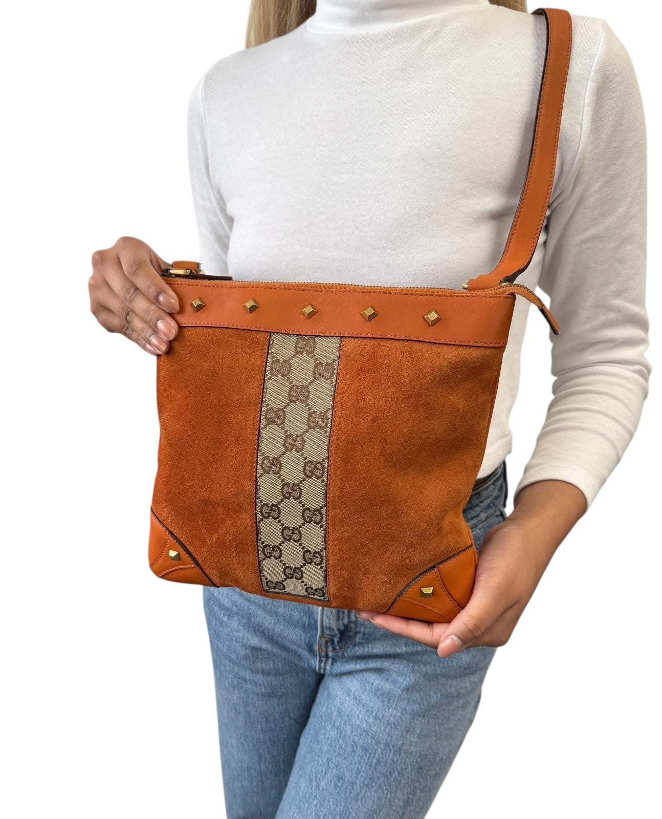GUCCI Vintage GG Monogram Crossbody Bag Orange Suede Canvas Leather Nailhead