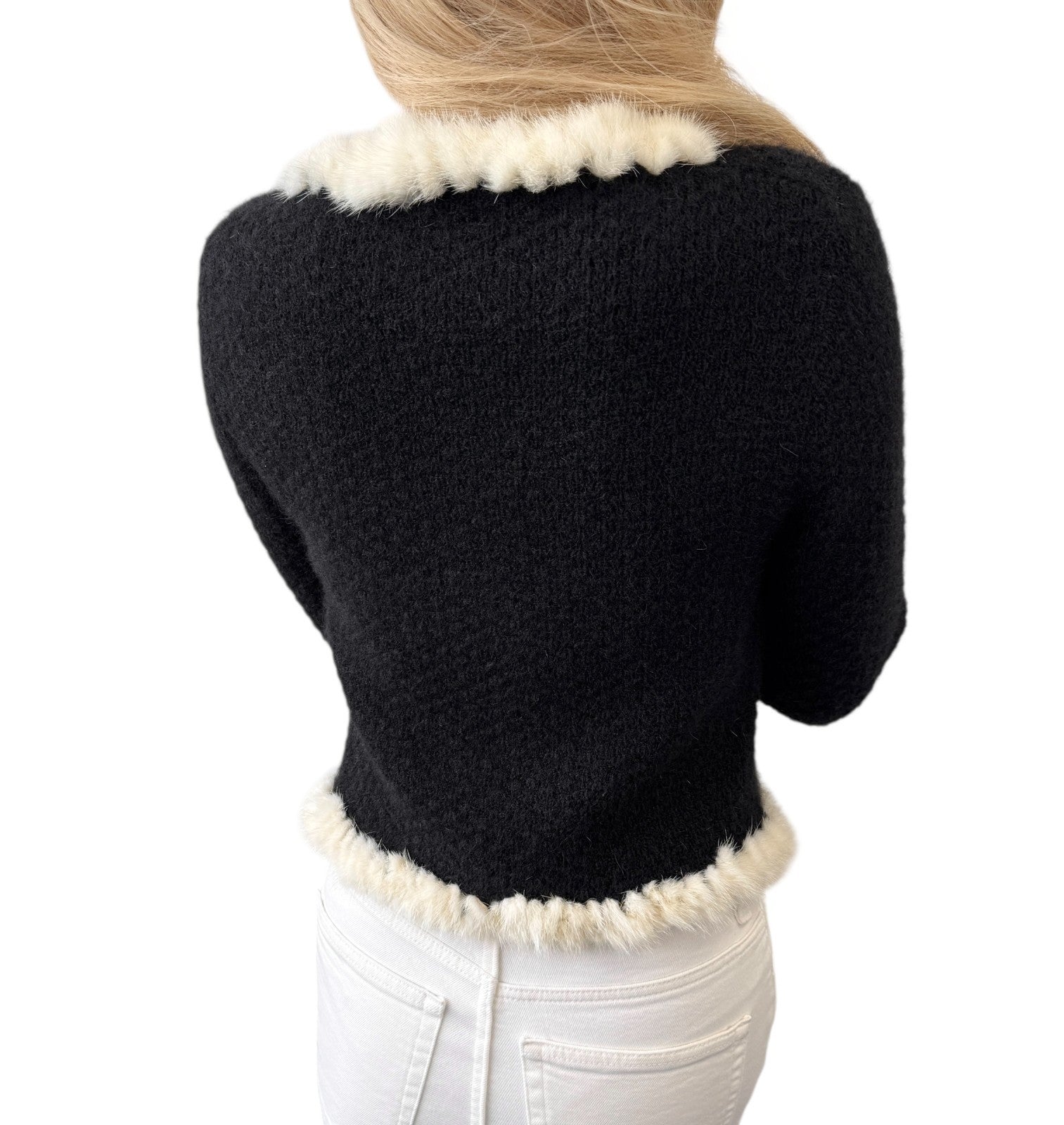 CHANEL Vintage 03A CC Logo Button Trim Fur Knit Jacket #38 Black White Mohair