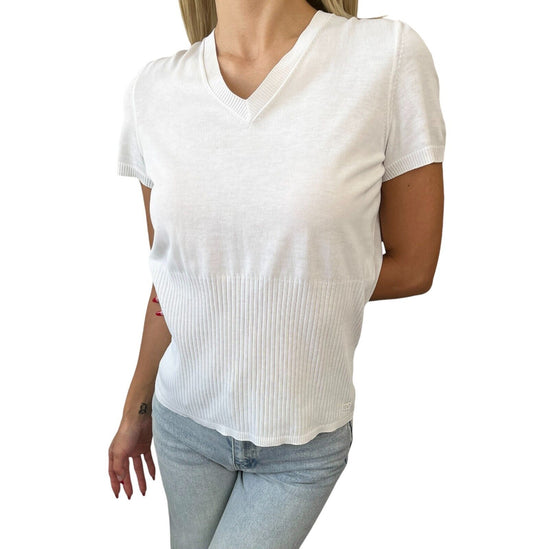 CHANEL Vintage 09C CC Mark Logo T-shirt Top #42 White Cotton V-Neck Rank AB
