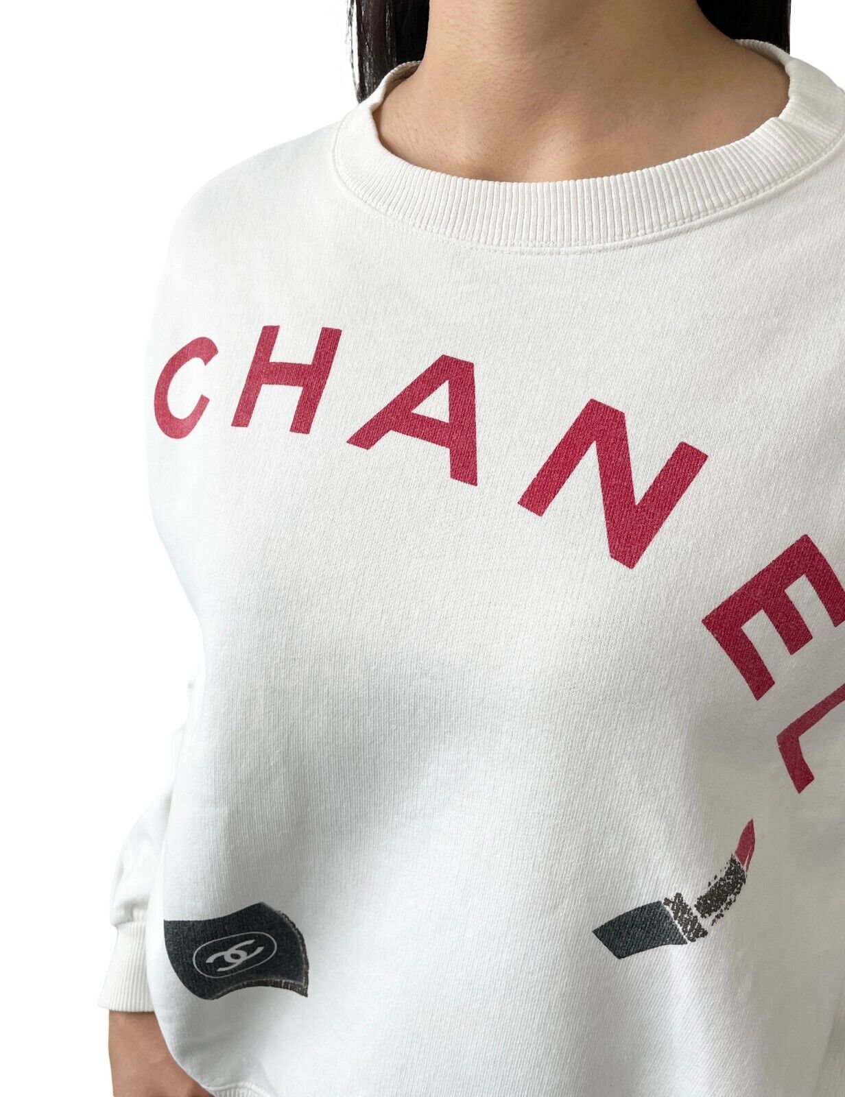 CHANEL Vintage CC Logo Long Sleeve Top Sweatshirt #M White Red Rip Cosme Cotton