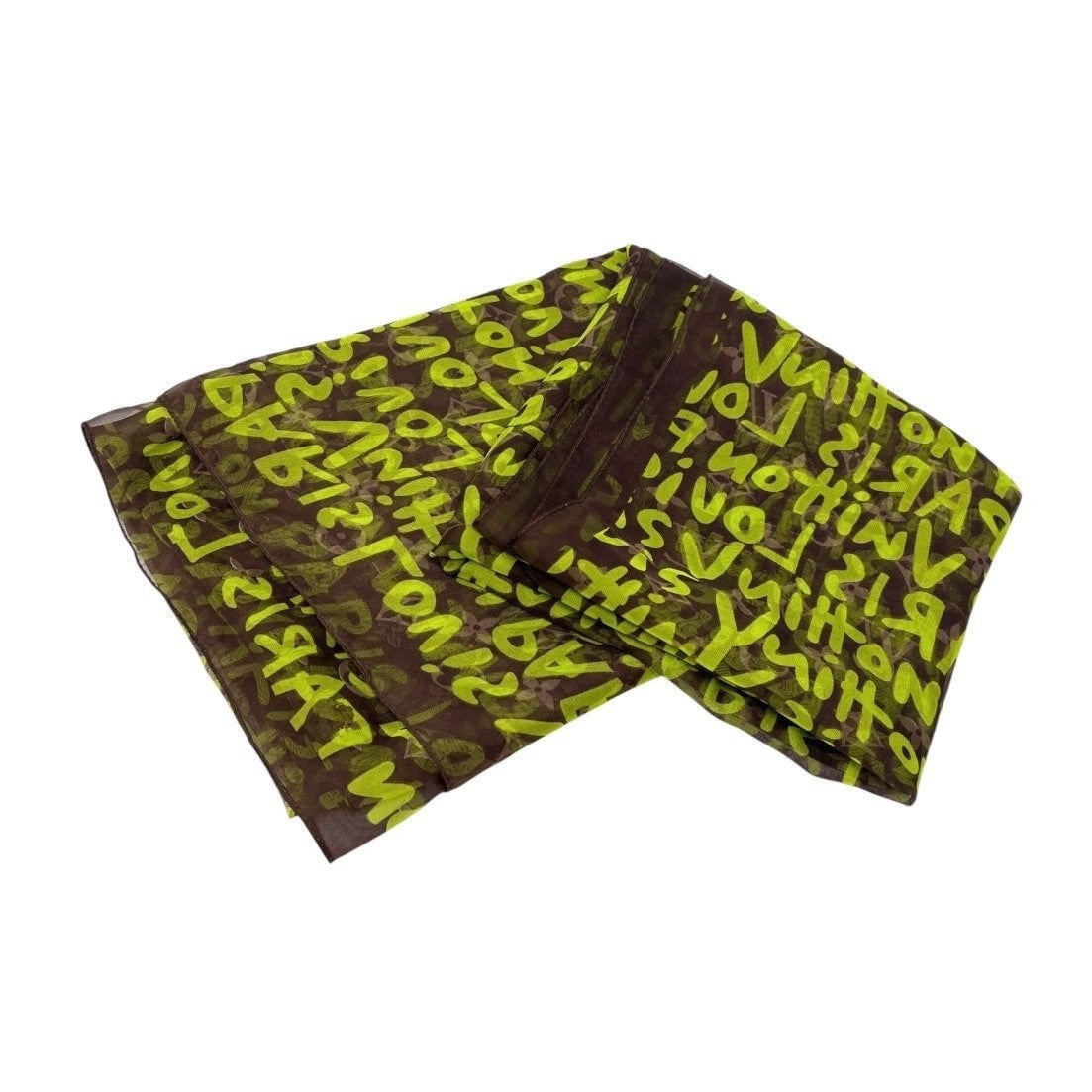 LOUIS VUITTON Vintage LV Monogram Logo Graffiti Scarf Green Brown Silk