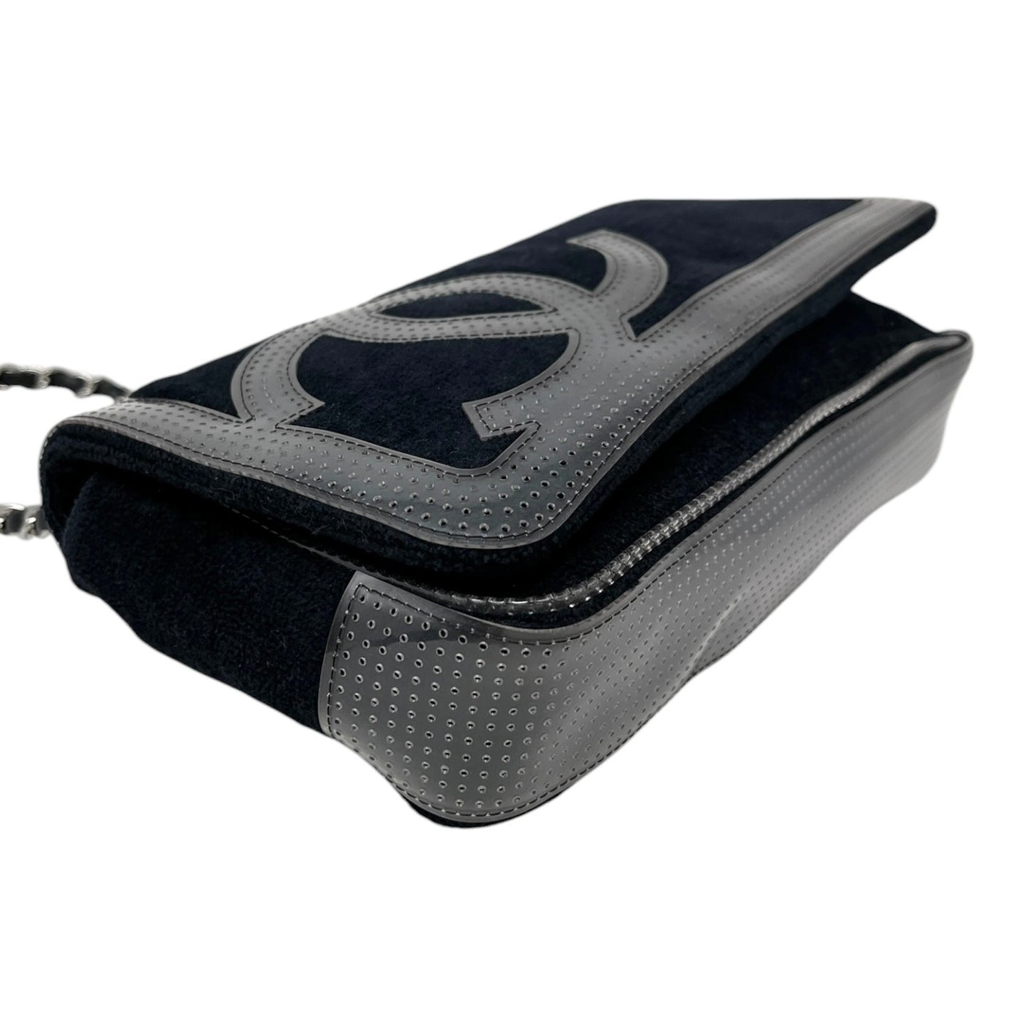 CHANEL Sport Vintage CC Logo Terry Cloth Shoulder Bag Pochette Black Silver