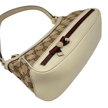 GUCCI Vintage GG Monogram Web Stripe Canvas Shoulder Bag Beige Ribbon 902487