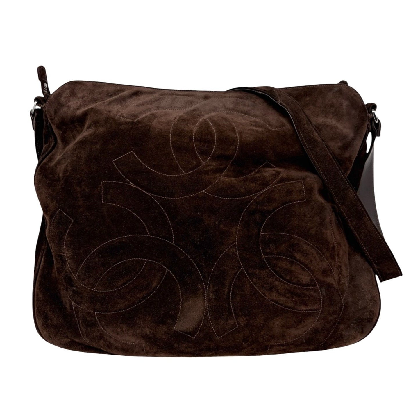CHANEL Vintage Triple CC Logo Fringe Suede Shoulder Bag Brown Silver 902397