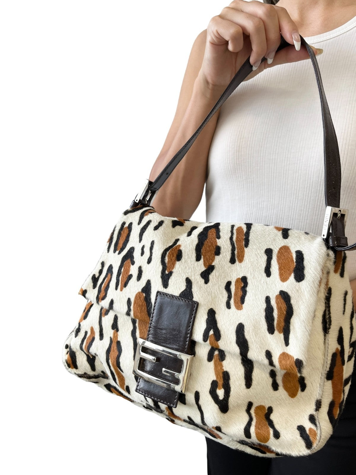 FENDI Vintage FF Leopard Mamma Baguette Bag Pony Calf Hair Ivory Brown 902818