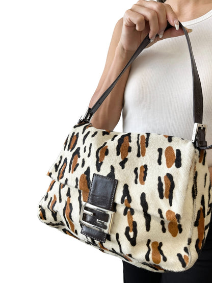FENDI Vintage FF Leopard Mamma Baguette Bag Pony Calf Hair Ivory Brown 902818