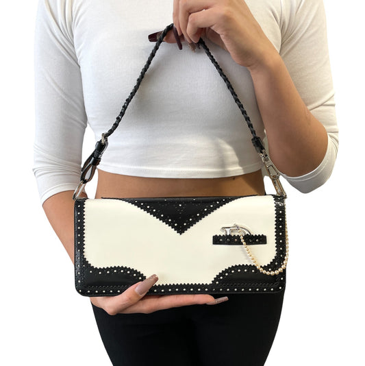 Christian Dior Vintage D'trick Pearl Bag White Black Leather Patent 902023