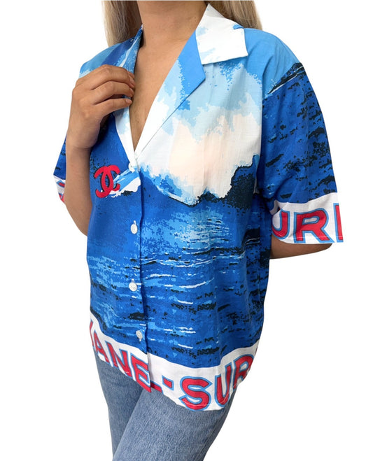 CHANEL Surf Vintage 02S CC Logo Aloha Shirt Top #36 Blue White Cotton 902834