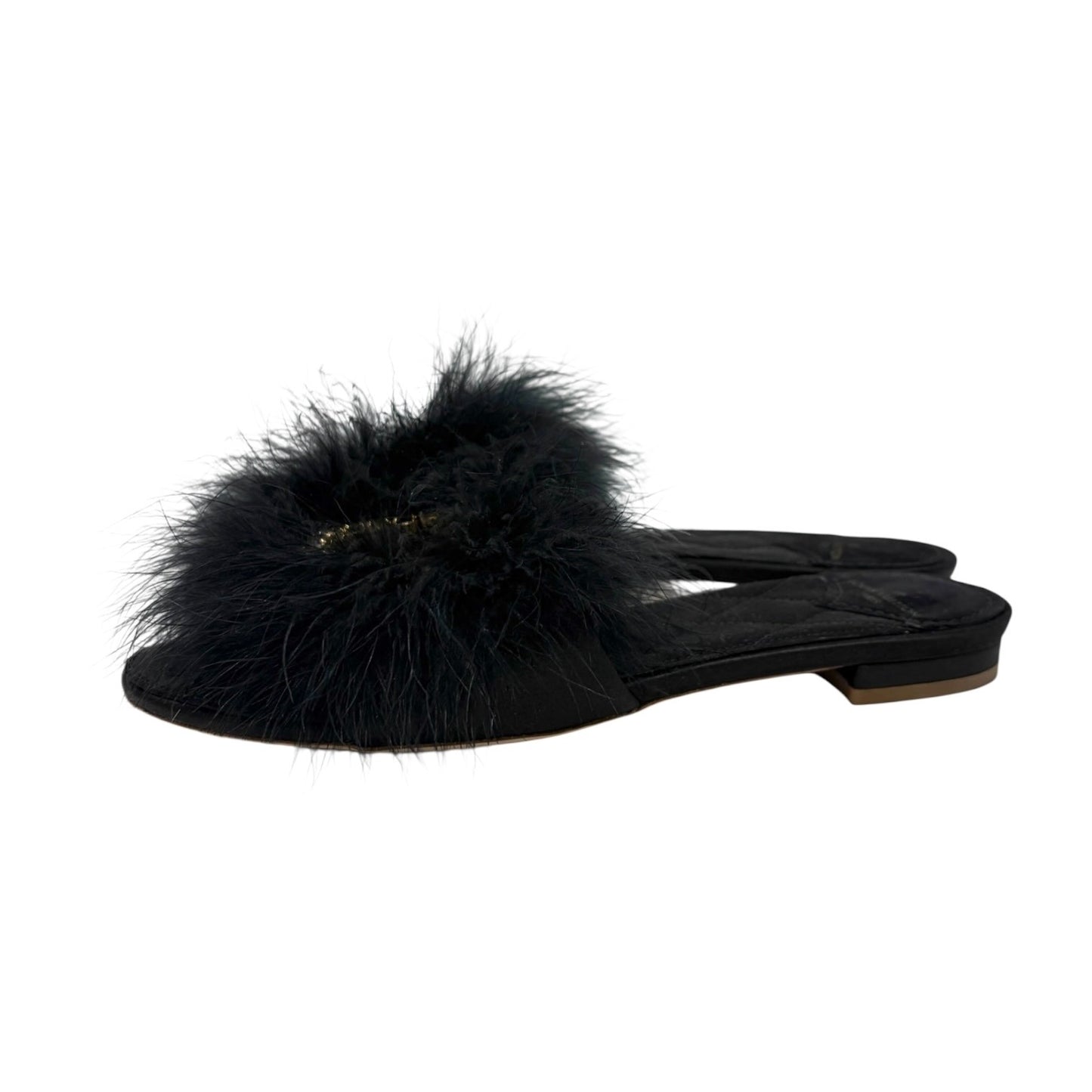LOUIS VUITTON LV Bijou Logo Fur Flat Sandals #38 Rhinestone Black Satin