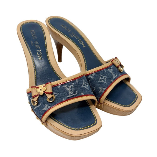 LOUIS VUITTON Vintage Monogram Denim Sandals Heels #36.5 Blue Beige 902566