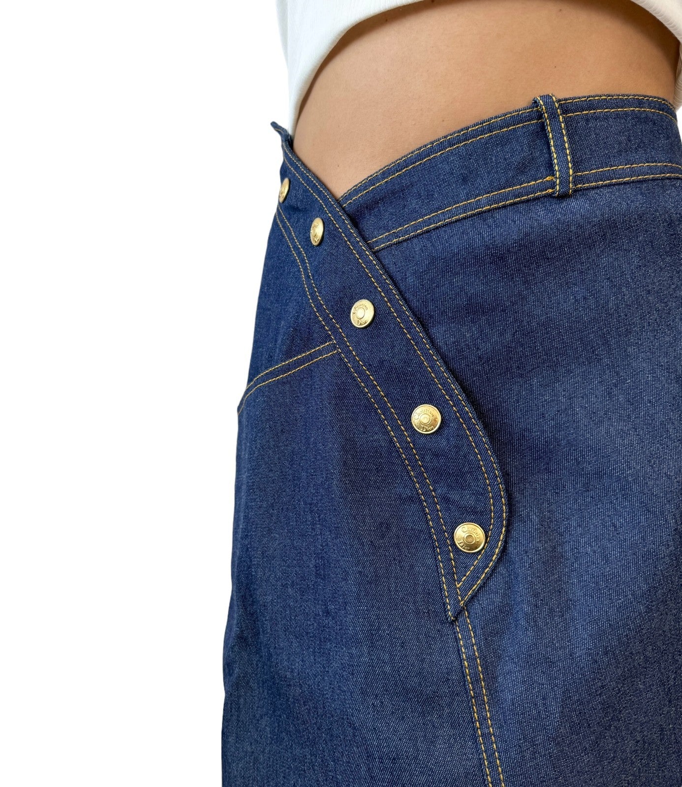 Christian Dior Vintage 2000 Asymmetry Denim Skirt #36 Blue Button Gold 901979