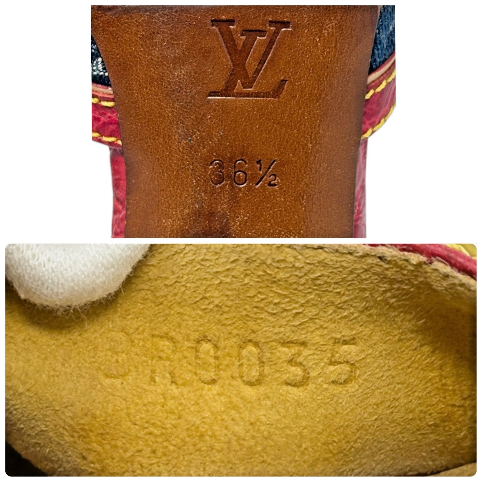 LOUIS VUITTON Vintage Monogram Denim Heels Sandals #36.5 Blue Brown Leather