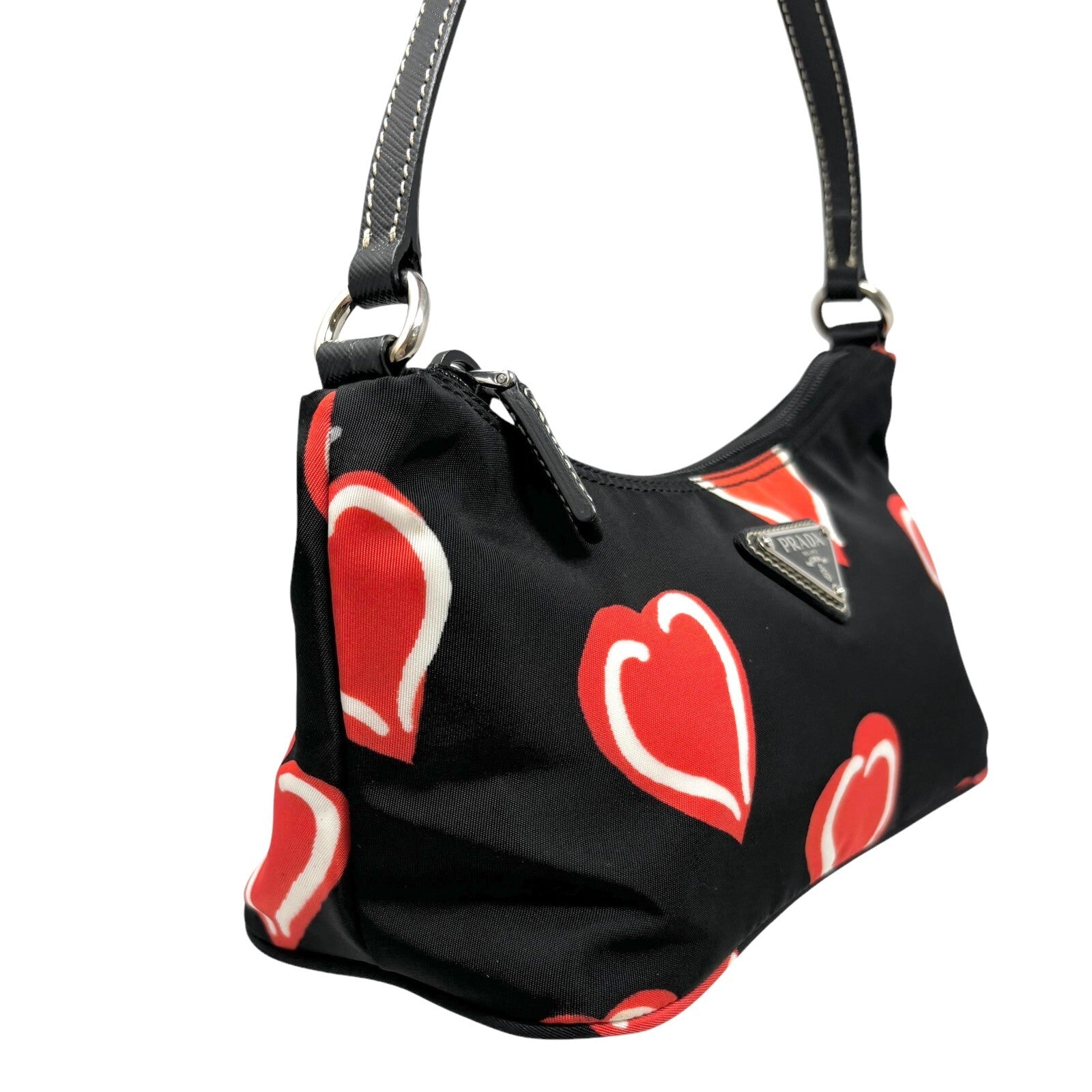 PRADA Vintage Logo Heart Pattern Shoulder Bag Pochette Black Red Nylon