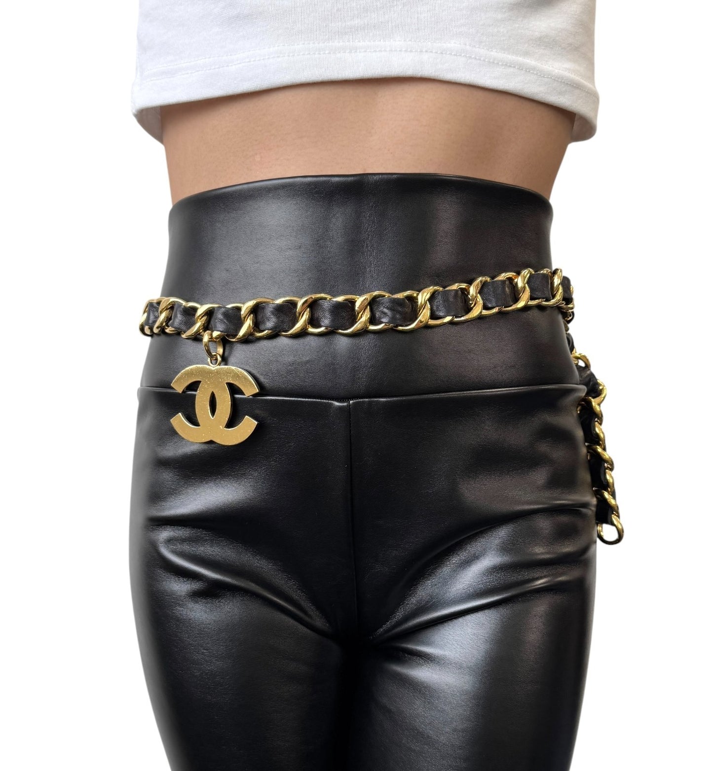 CHANEL Vintage CC Logo Chain Belt Accessory Gold Black Metal Leather 901898