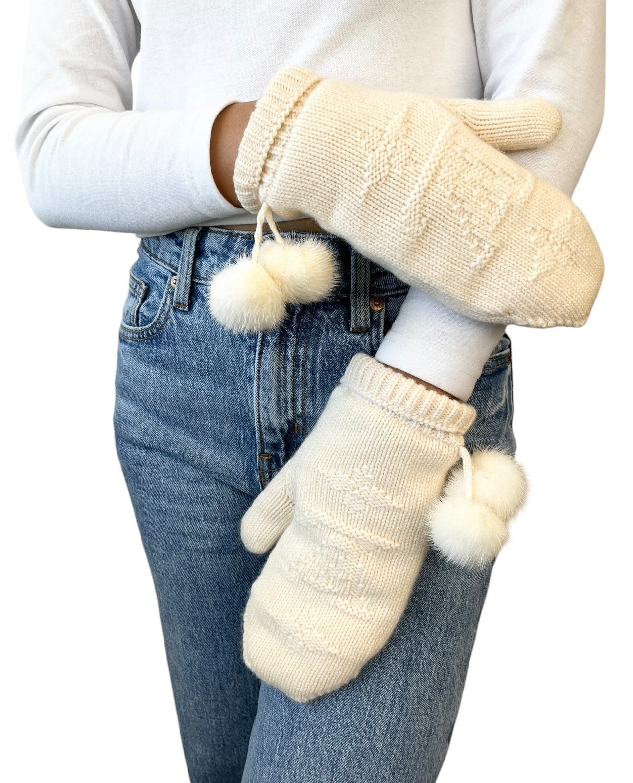 LOUIS VUITTON Vintage Cashmere Knit Gloves Mittens Mink Pompons Cream LV Logo