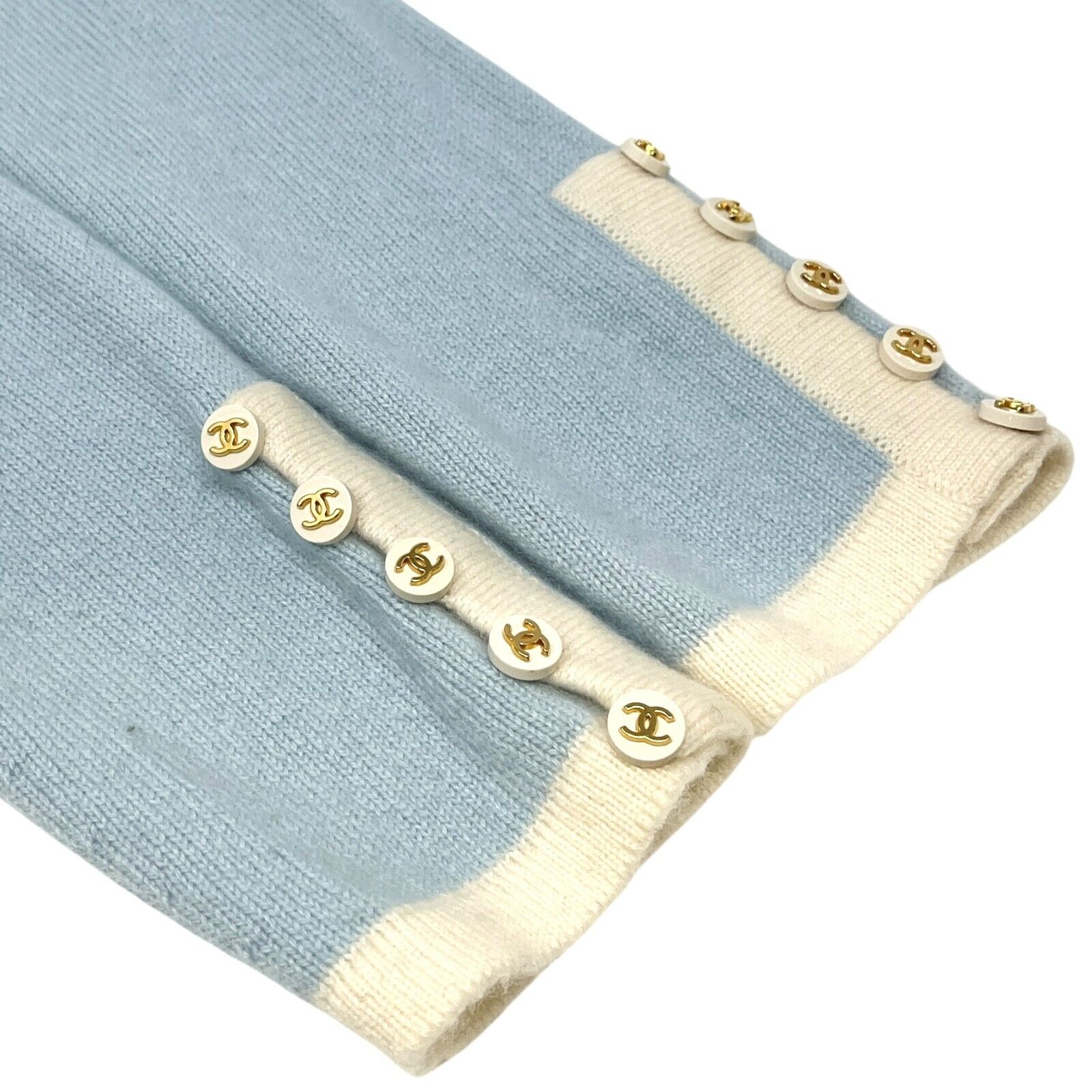 CHANEL Vintage 96C CC Logo Knit Cardigan #40 Sweater Light Blue Cashmere