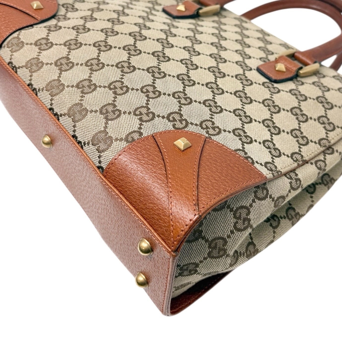 GUCCI Vintage GG Canvas Monogram Tote Bag Nailhead Orange Brown Studs Leather