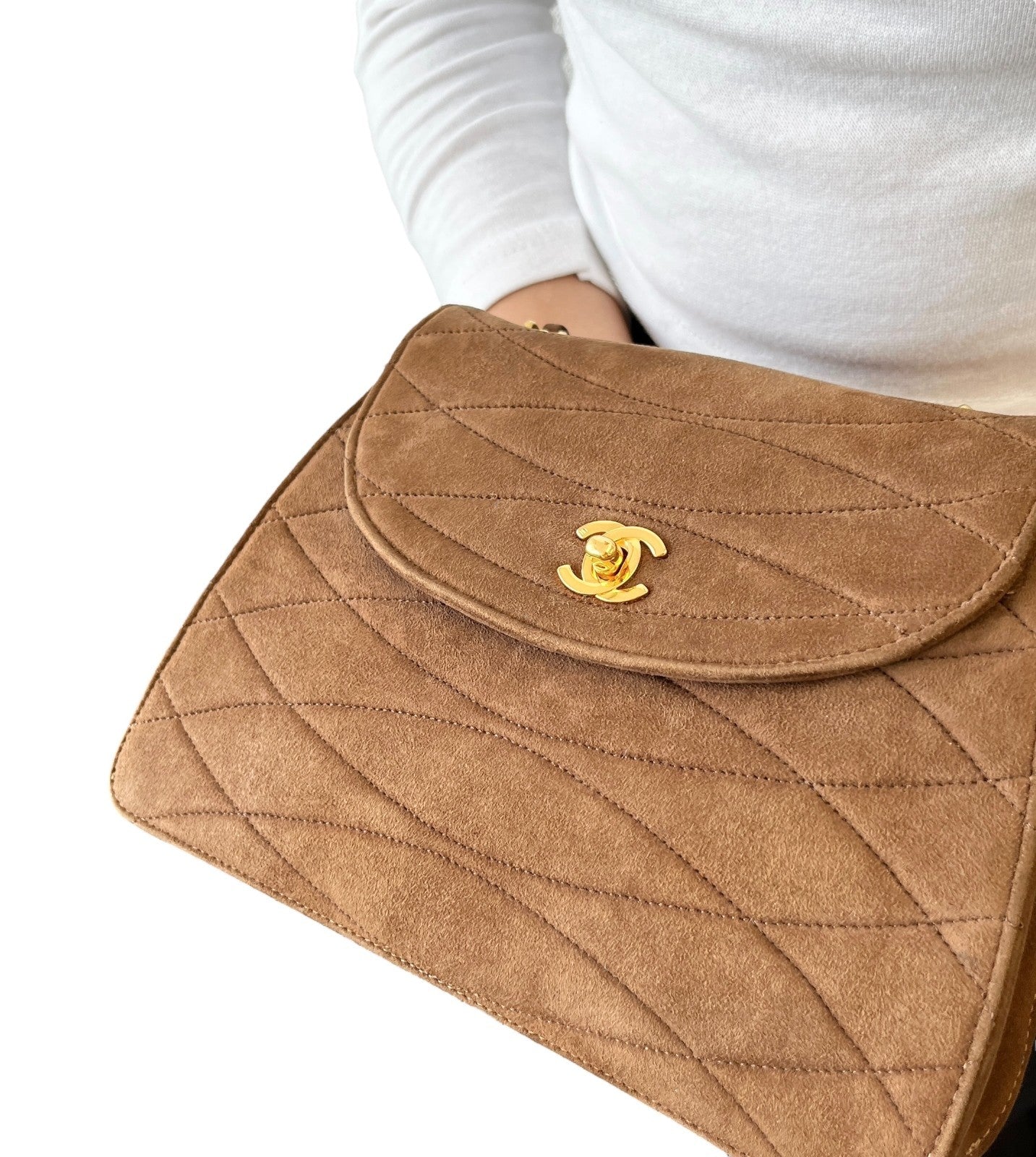 CHANEL Vintage CC Mark Logo Turnlock Chain Crossbody Bag Brown Gold Suede