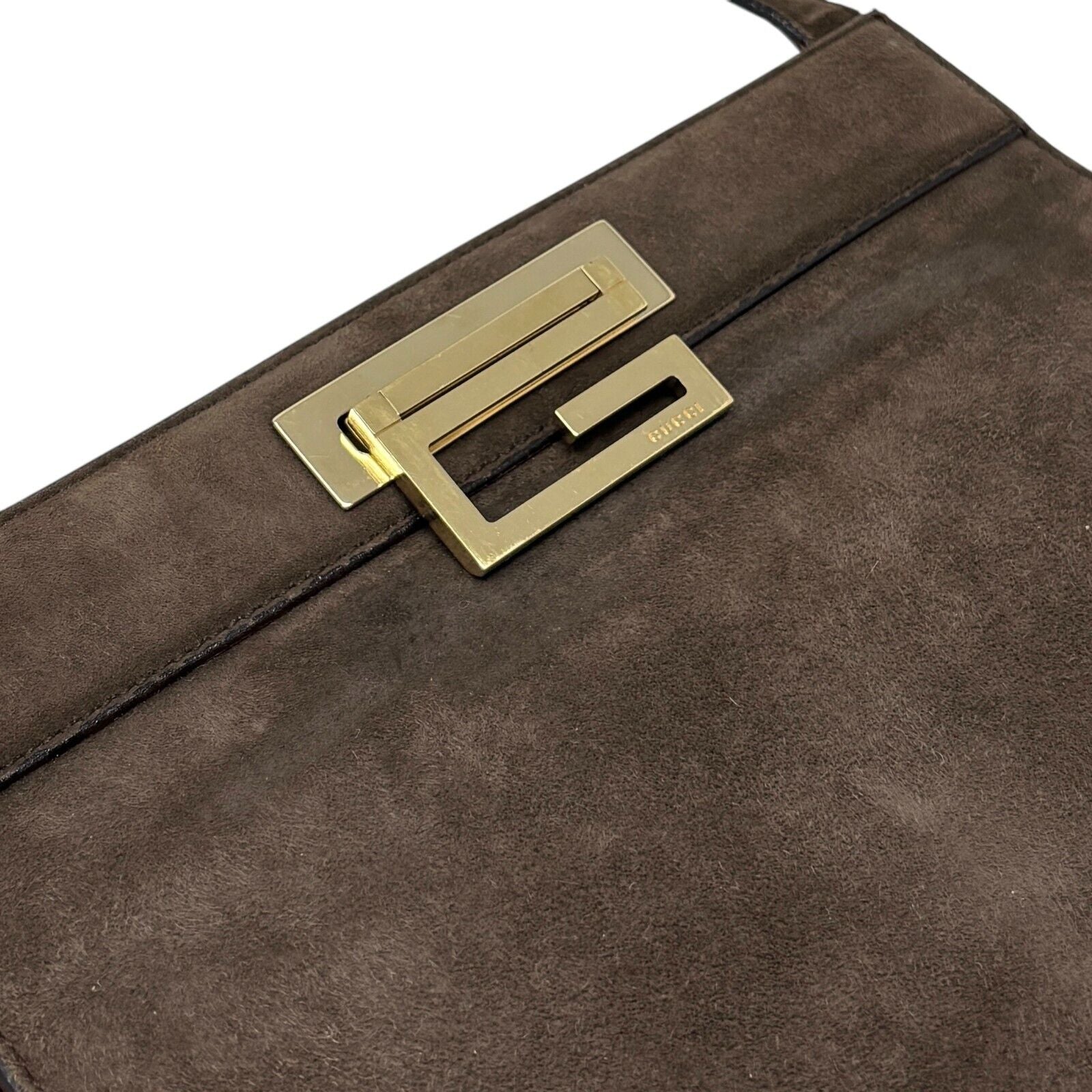 GUCCI Vintage G Square Logo Small Shoulder Bag Brown Gold Suede Leather