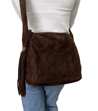 CHANEL Vintage CC Fringe Crossbody Shoulder Bag 2way Bag Brown Suede 902326