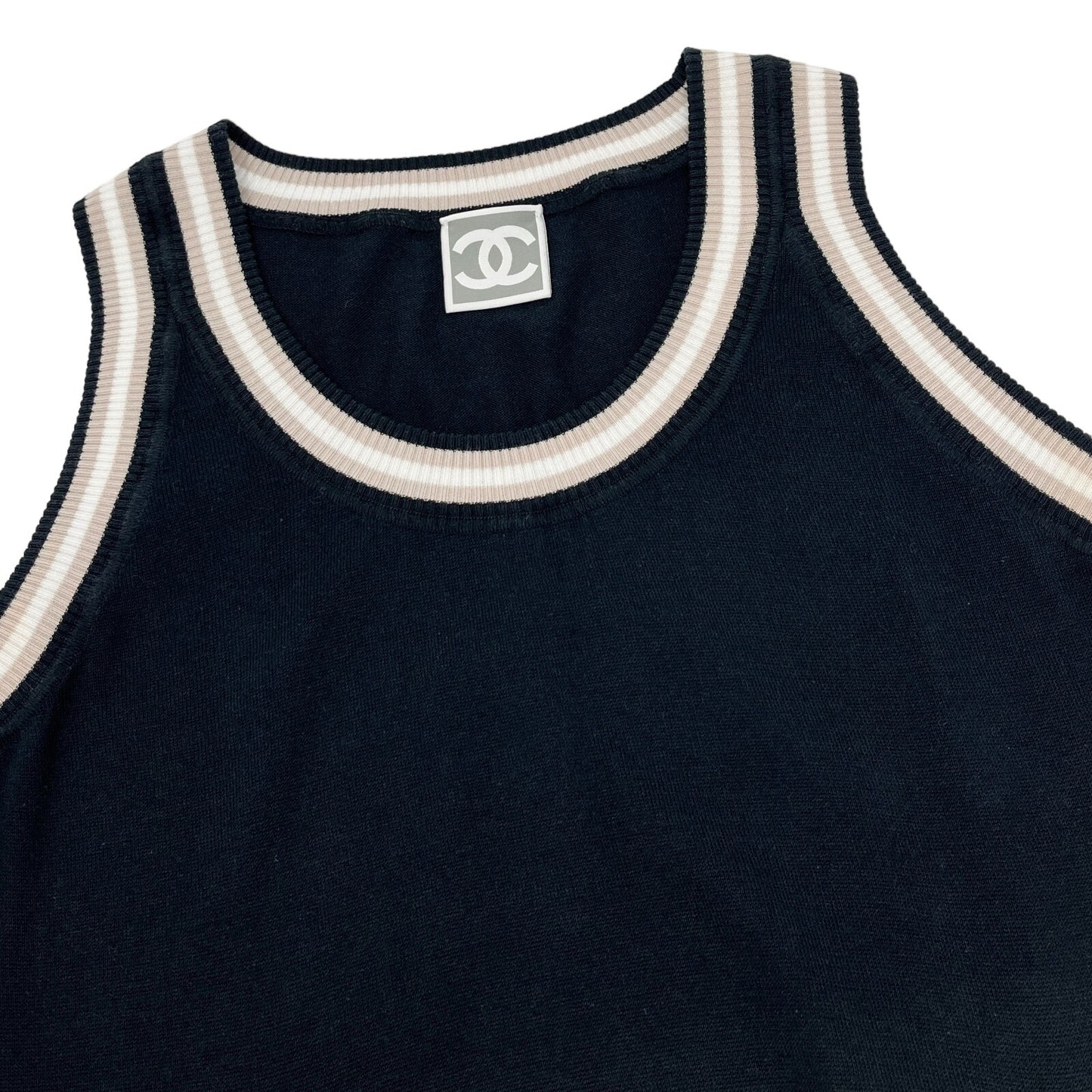 CHANEL Sport Vintage 08P CC Mark Logo Knit Tank Top #38 Black Cotton Rank AB