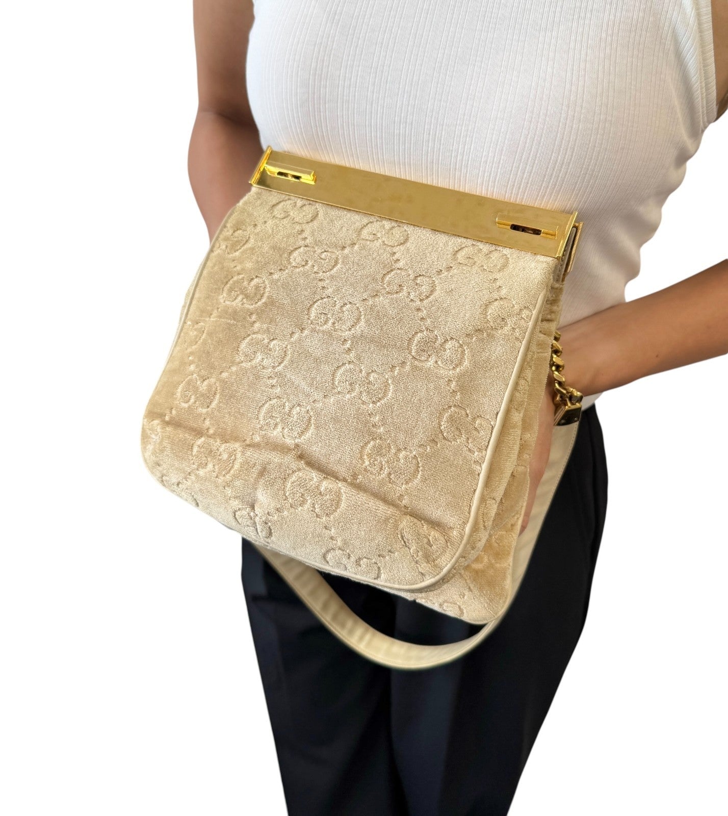 GUCCI Vintage GG Monogram Logo Shoulder Bag Crossbody Cream Gold Velour Leather