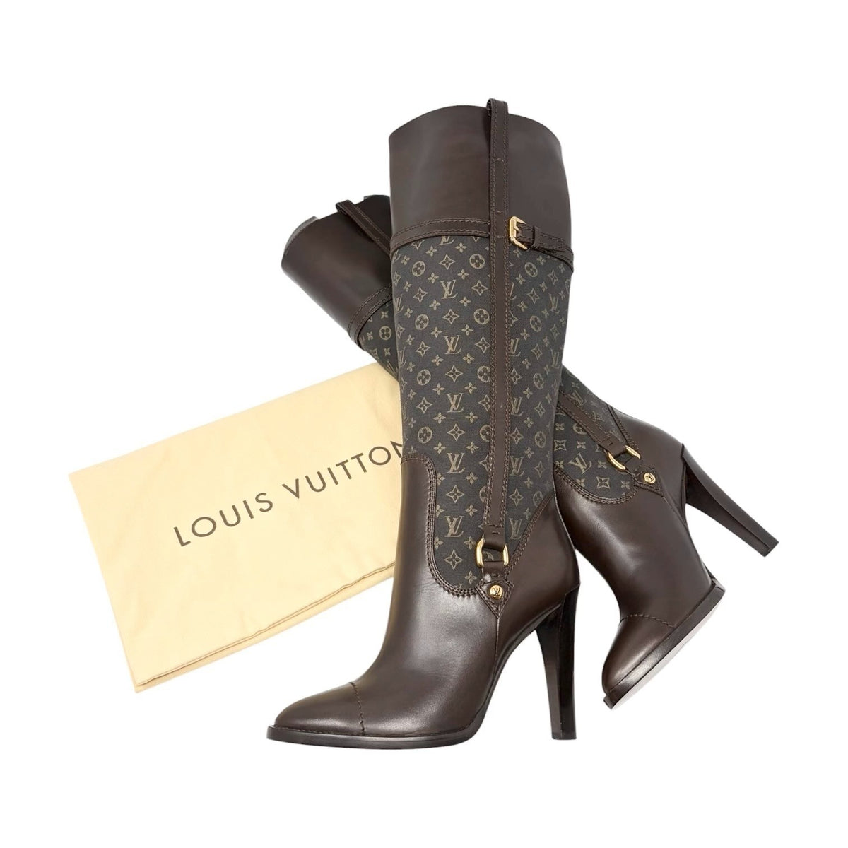 LOUIS VUITTON Vintage LV Monogram Long Boots #37-37.5 Brown Leather 902458