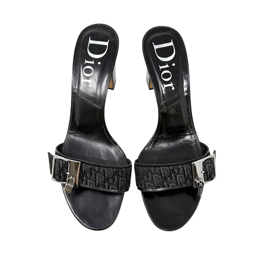 Christian Dior Vintage Trotter Monogram Sandals Heels #37 Black Silver 902027