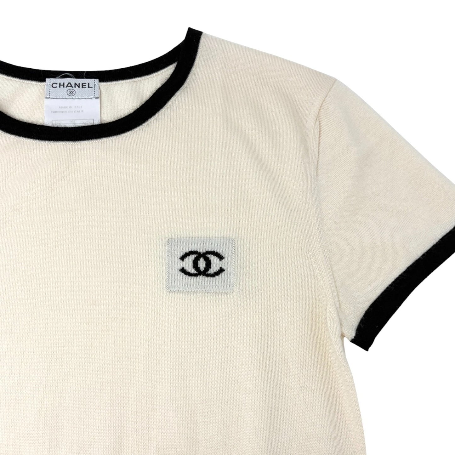 CHANEL Vintage 06C CC Logo Knit Pocket Top #38 Beige Black Cashmere 902578