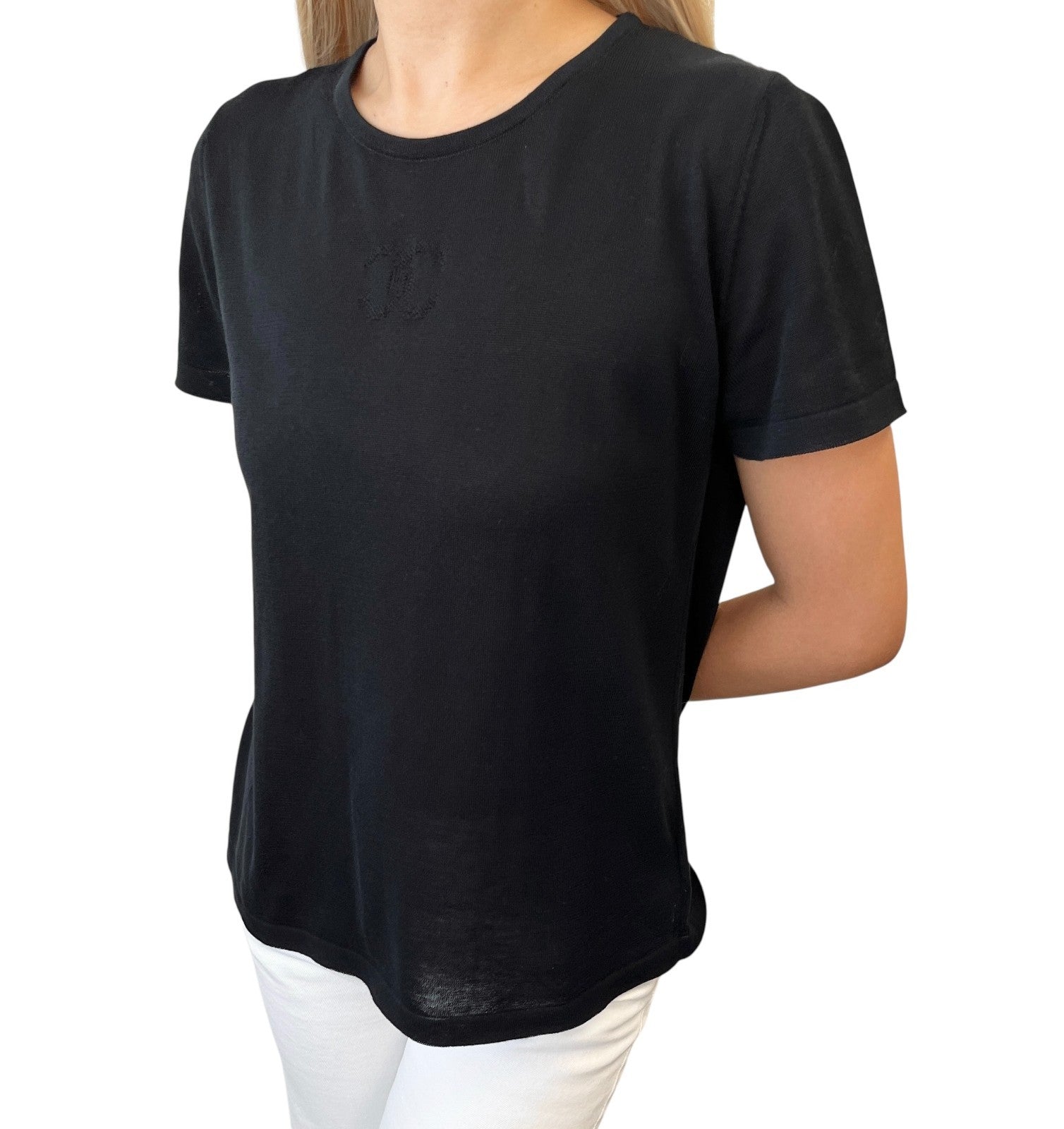 CHANEL Vintage 06P CC Logo Knit T-shirt Top #38 Black Cotton Short Sleeve