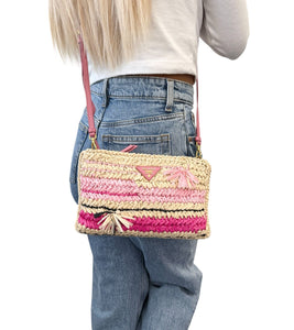 PRADA Vintage Logo Raffia Shoulder Bag Crossbody Zip Pink Cream Polyurethane
